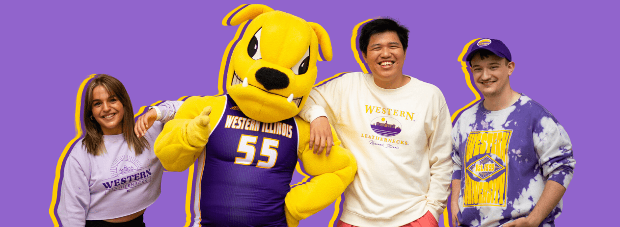 Photo of future students posing with WIU's mascot Rocky.